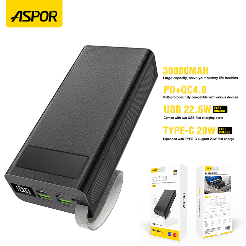 Aspor A306 Big Capacity Of 30000mah Power Bank Lcd Display 22.5w And 20w PdÂ 