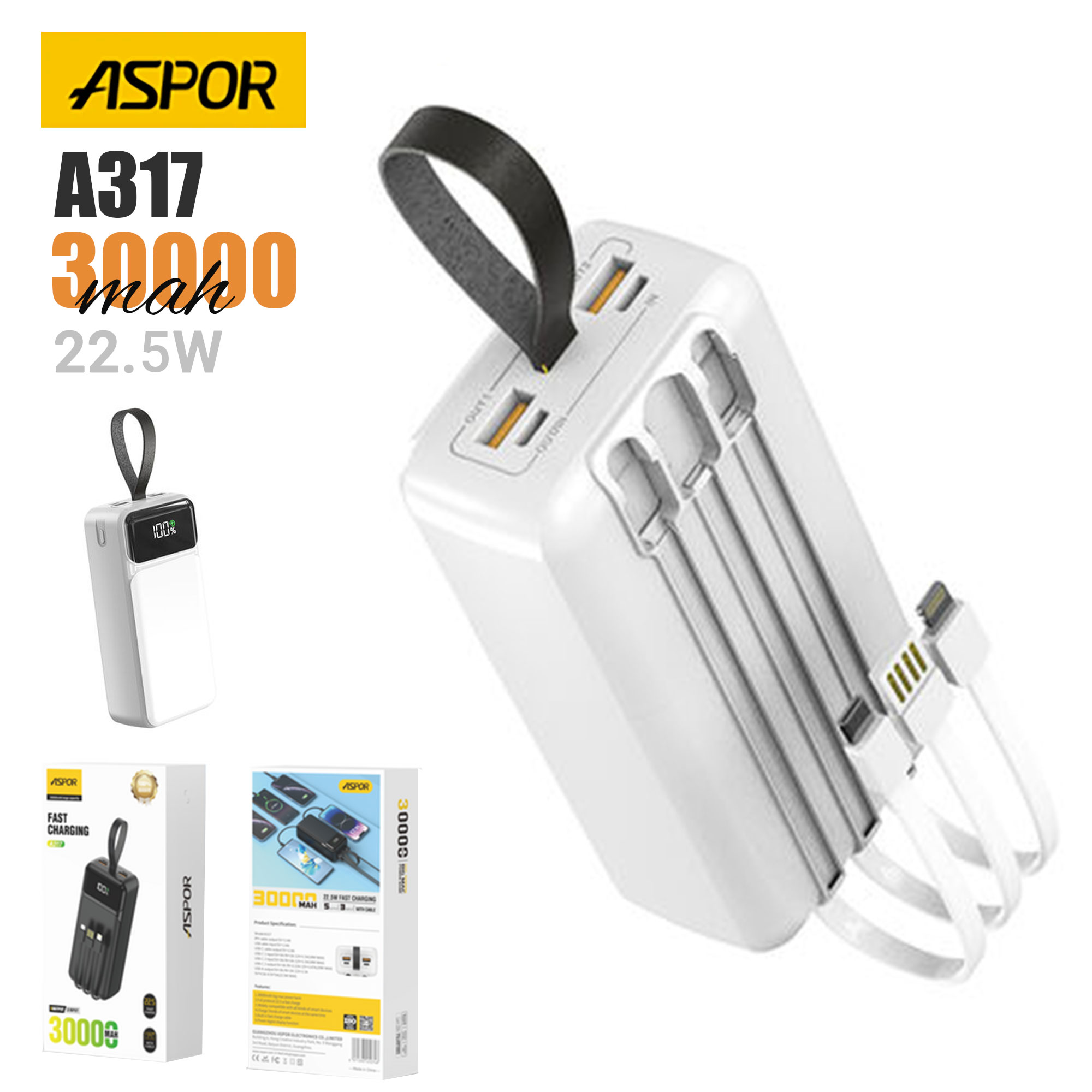 Aspor A317 22.5w 30000mah Fast Charging Power Bank With 3 Cables White