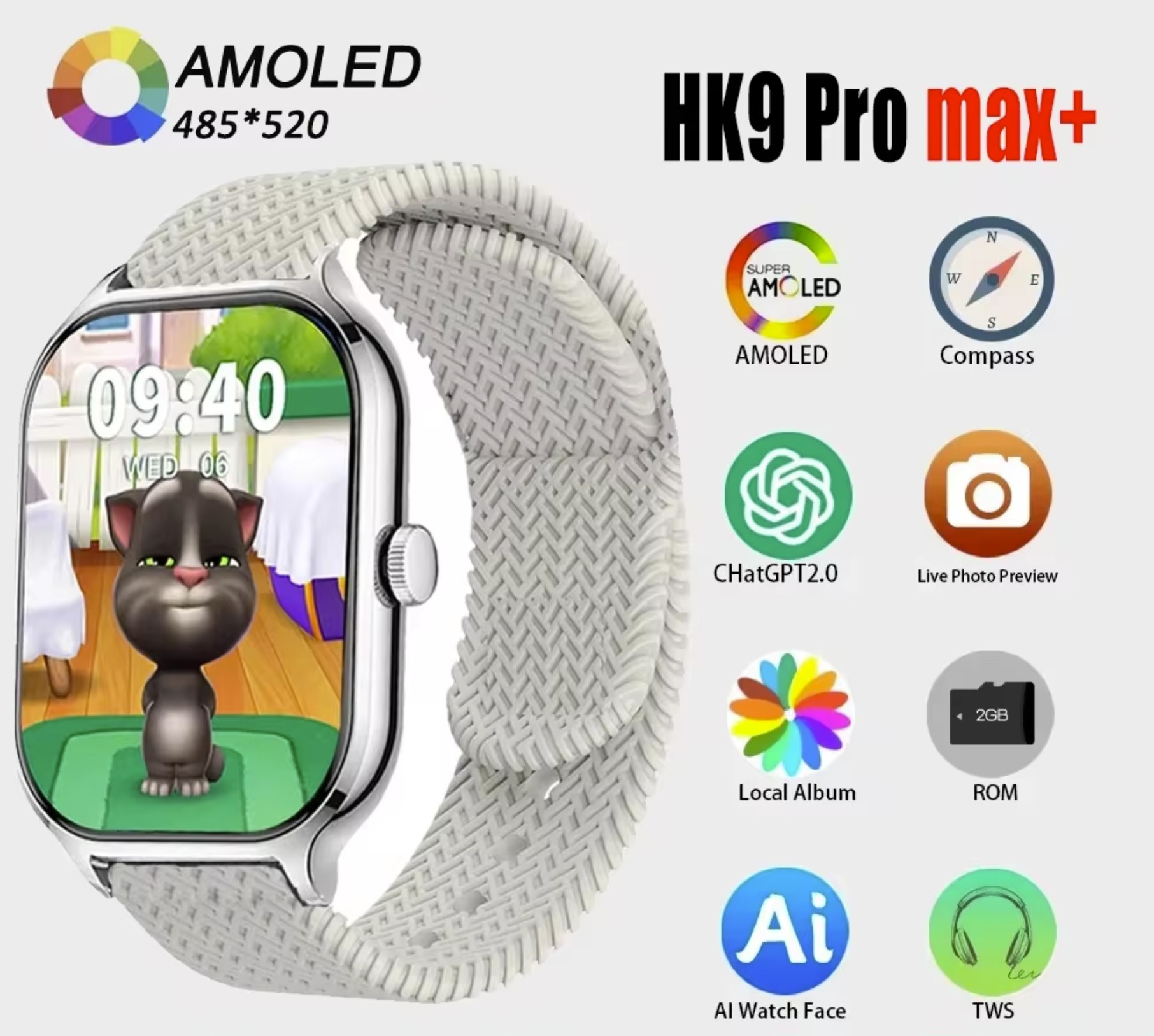Hk9 Pro Max+ Smartwatch 2.02 Amoled Screen 1gb Rom Support Local Music Tws Connection With Wearfit Pro App White
