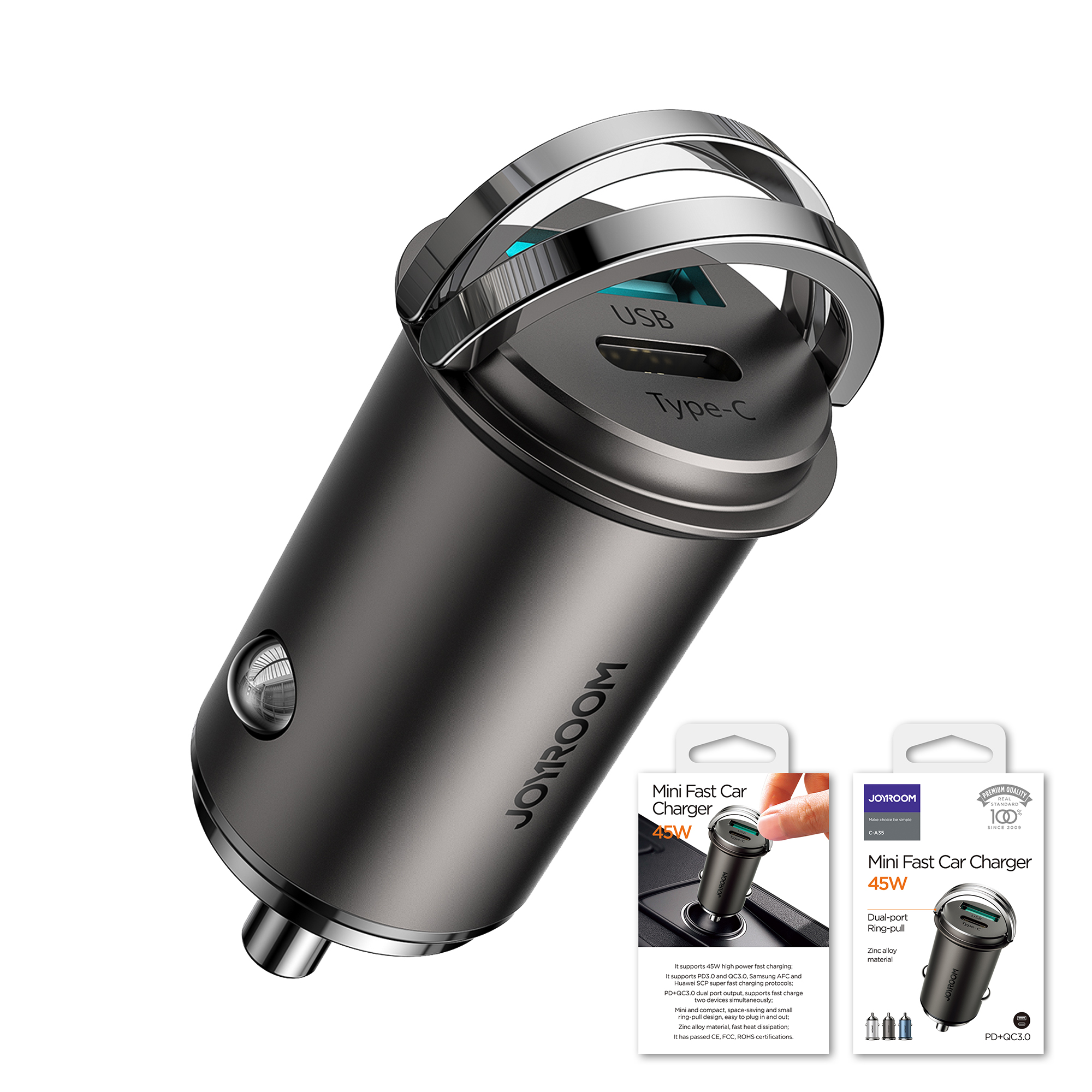 Joyroom C-a35 45w Mini Dual-port Pd+qc 3.0 Ring-pull Fast Car Charger