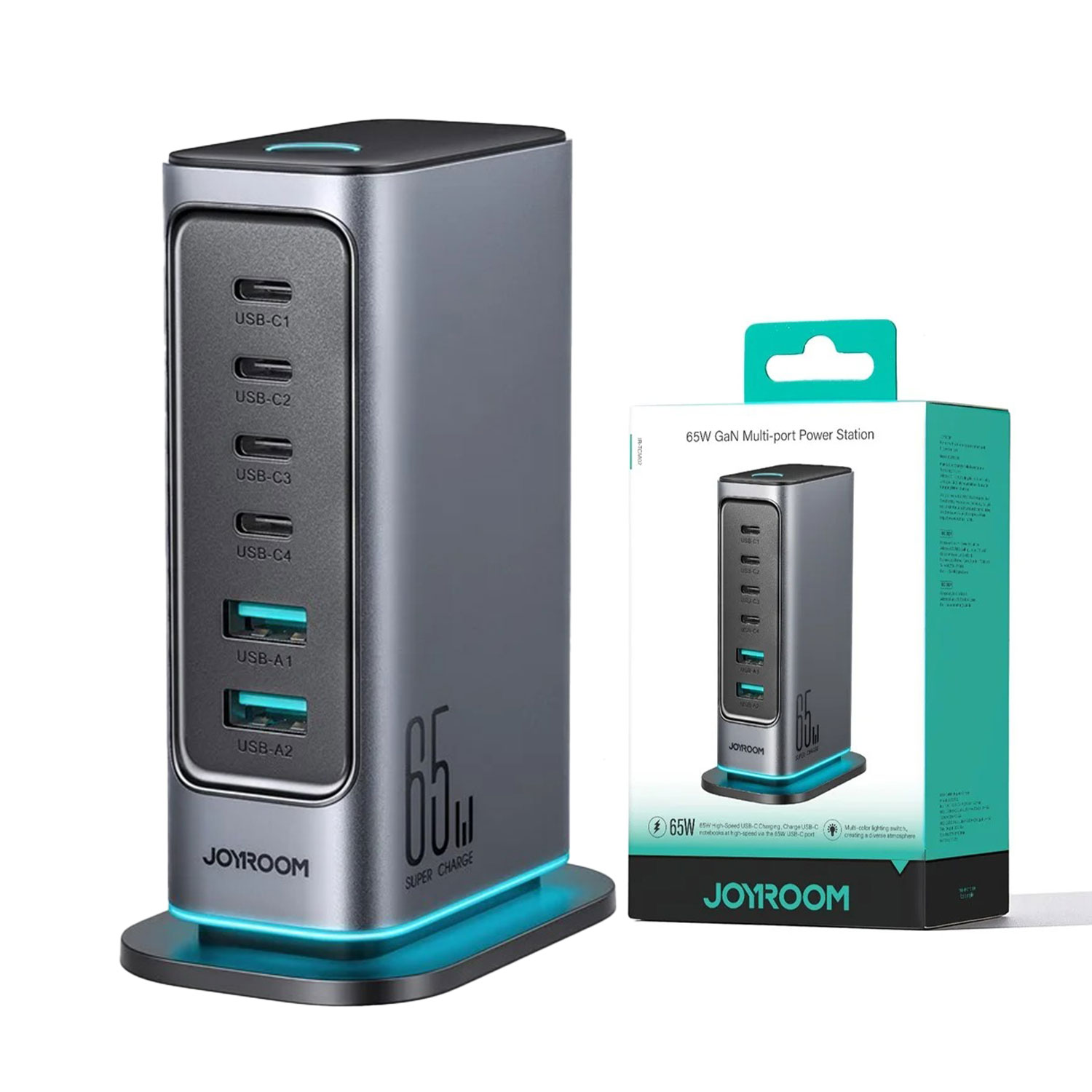 Joyroom Tcm02 65w 6 Port Eu Plug Usb Desktop Charger Gan Fast Charging Station Hub