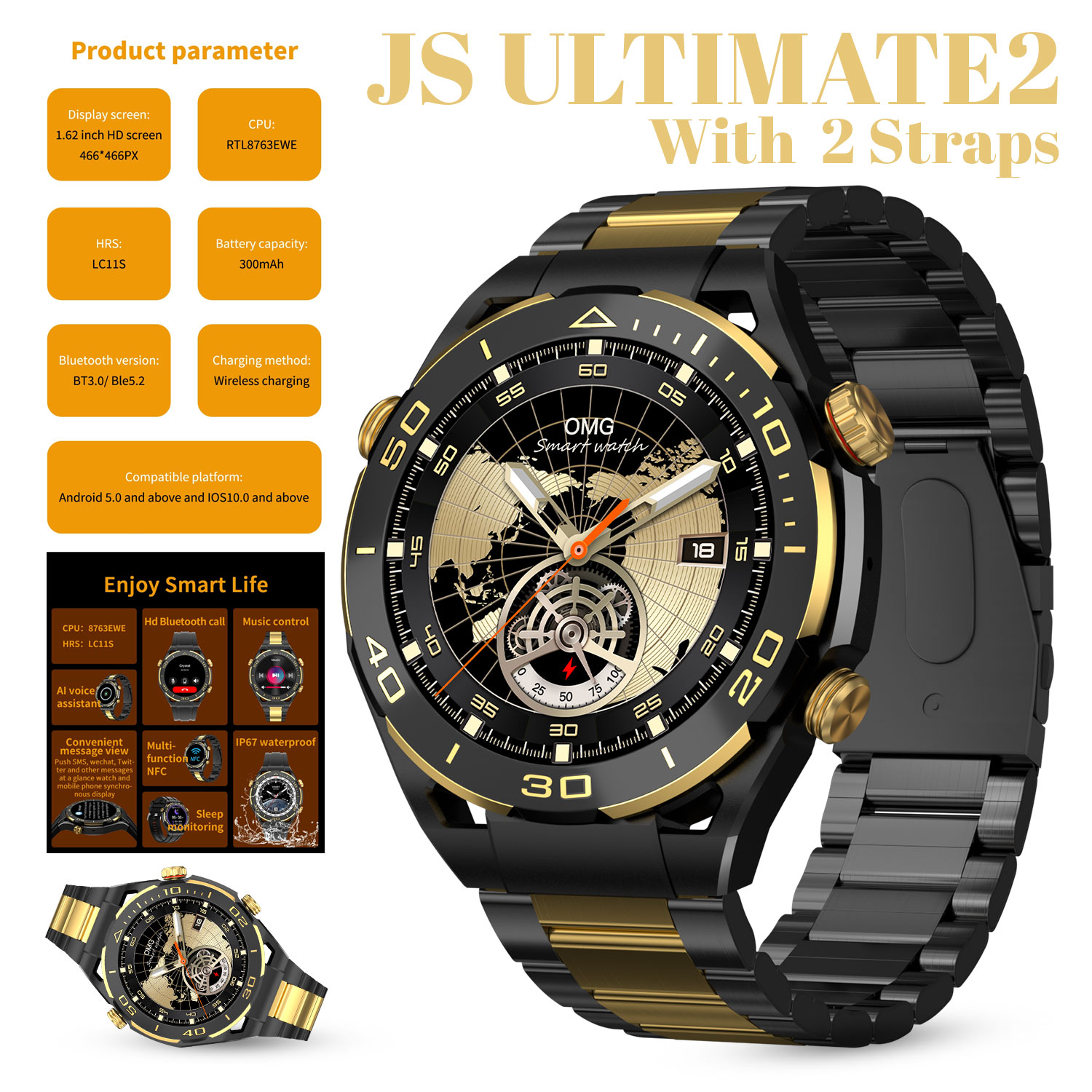 Js Ultimate2 Smart Watch 1.53 Inch Bt Call Rdfit App With 2 Straps (silicone Strap/steel Belt)