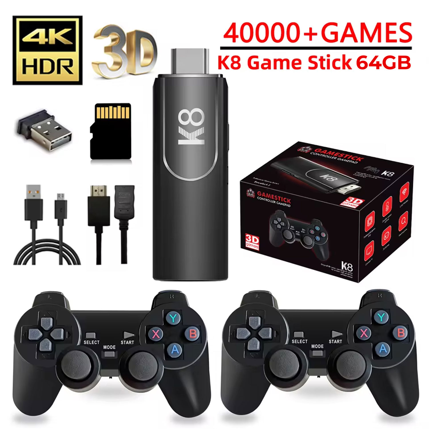 K8 New 64gb Game Stick 4k Hd Video 40000+ Games 40+emulators