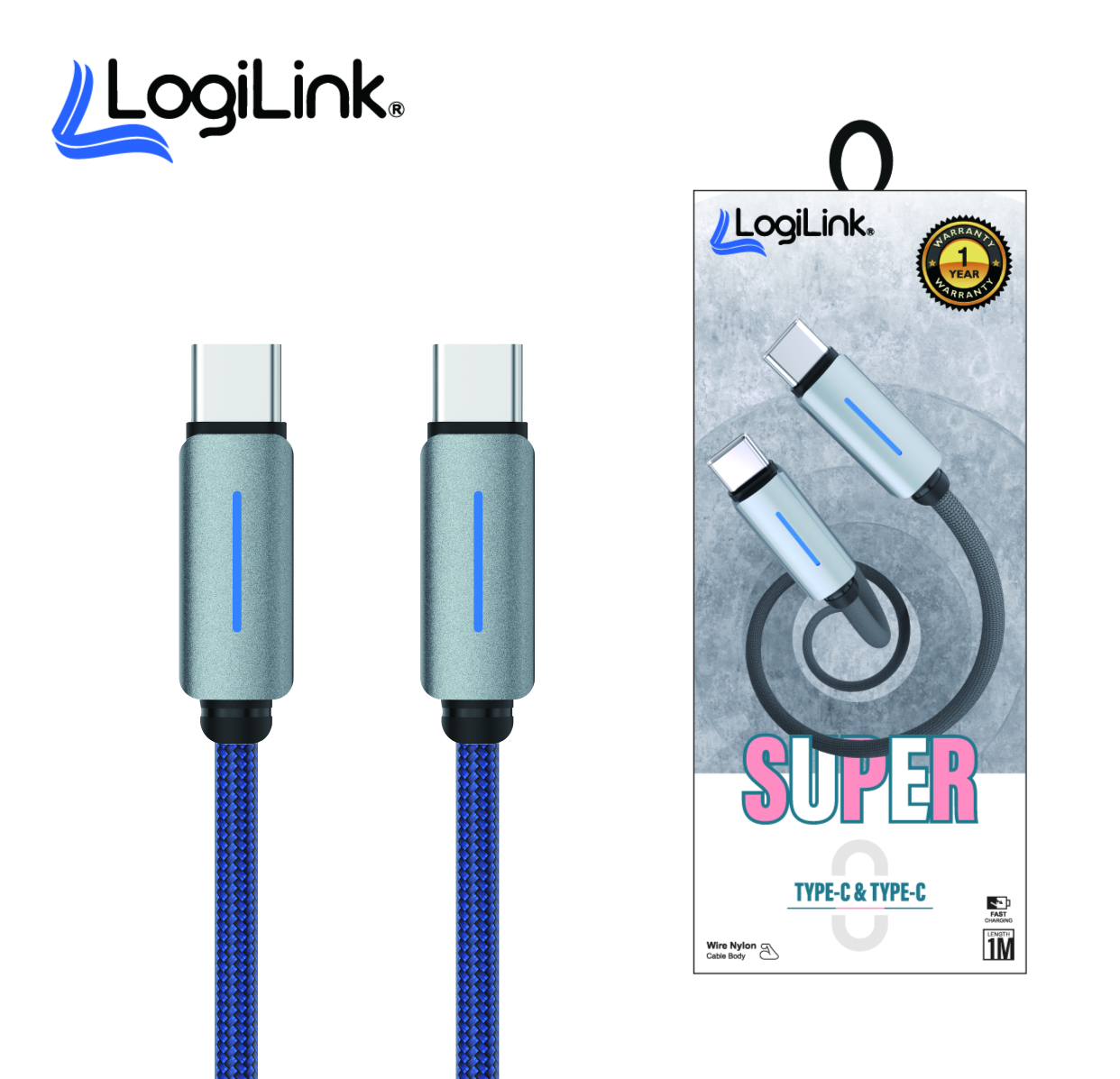 Logilink Type C To Type C Nylon Fast Charging Data Cable 1m Blue