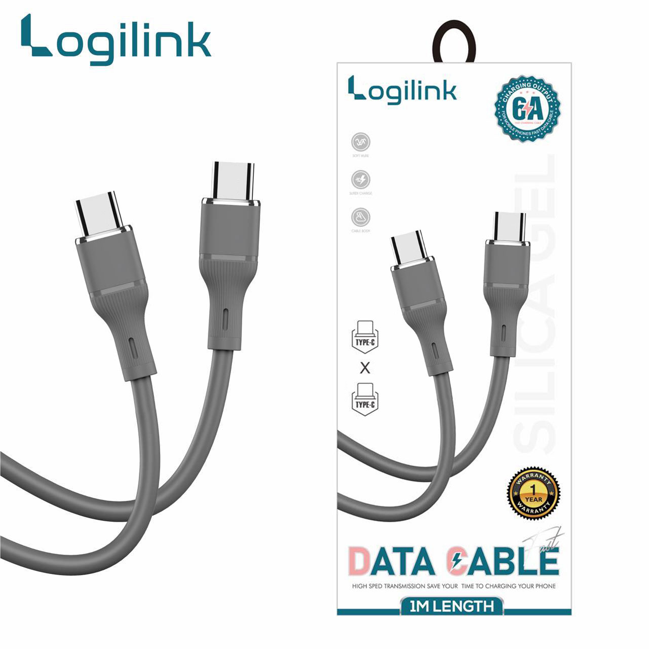 Logilink Type C To Type C Silicone Fast Charging Data Cable 1m (1 Year Warranty) Grey
