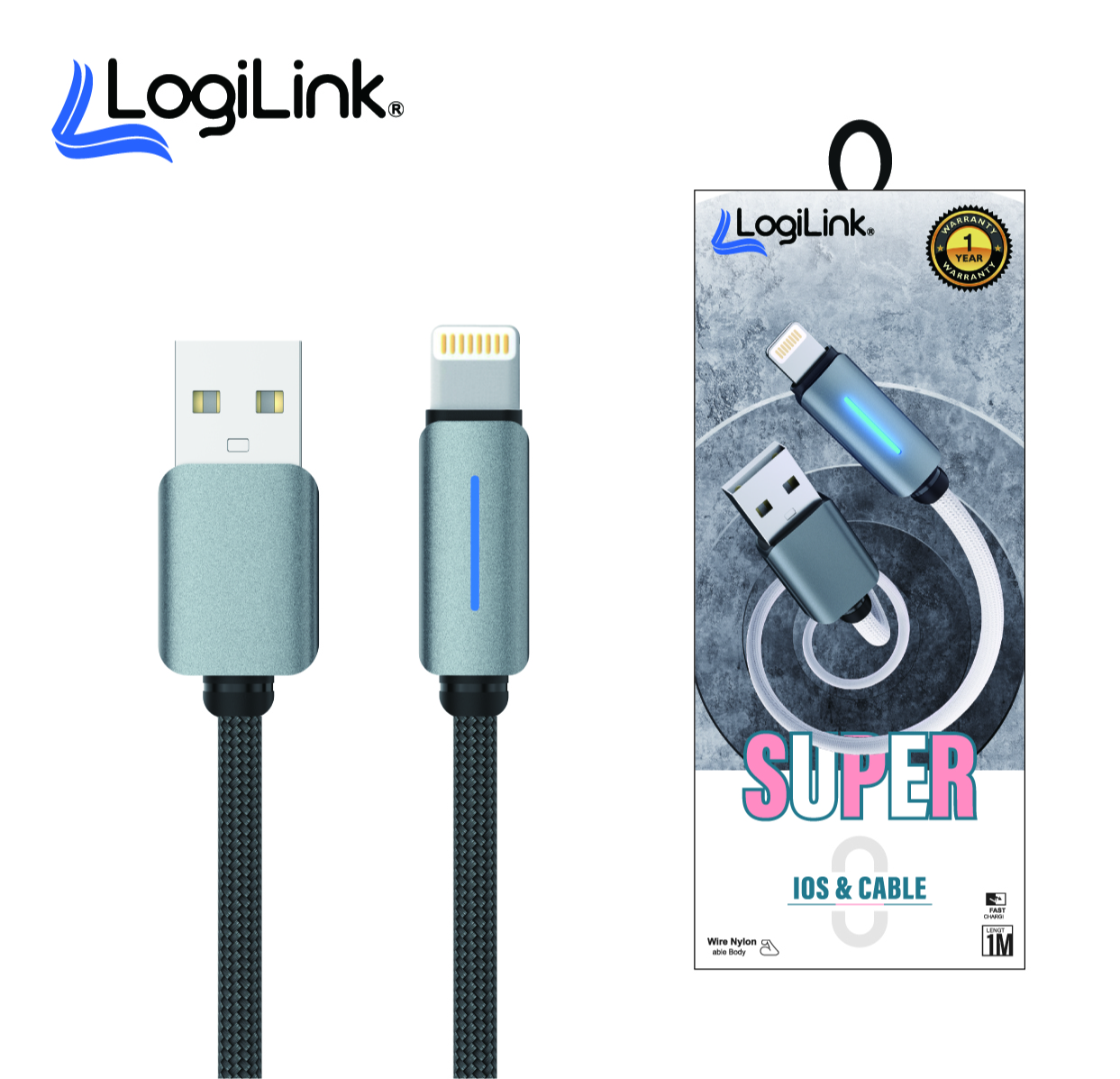 Logilink Usb To Lightning Nylon Fast Charging Data Cable 1m Grey