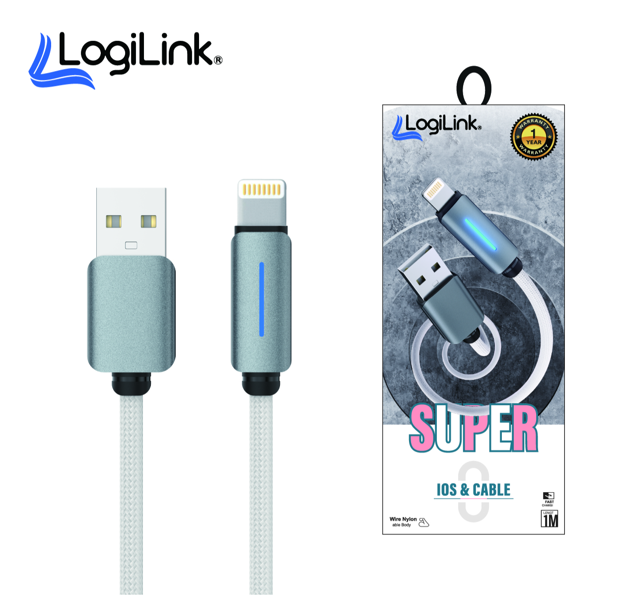 Logilink Usb To Lightning Nylon Fast Charging Data Cable 1m White