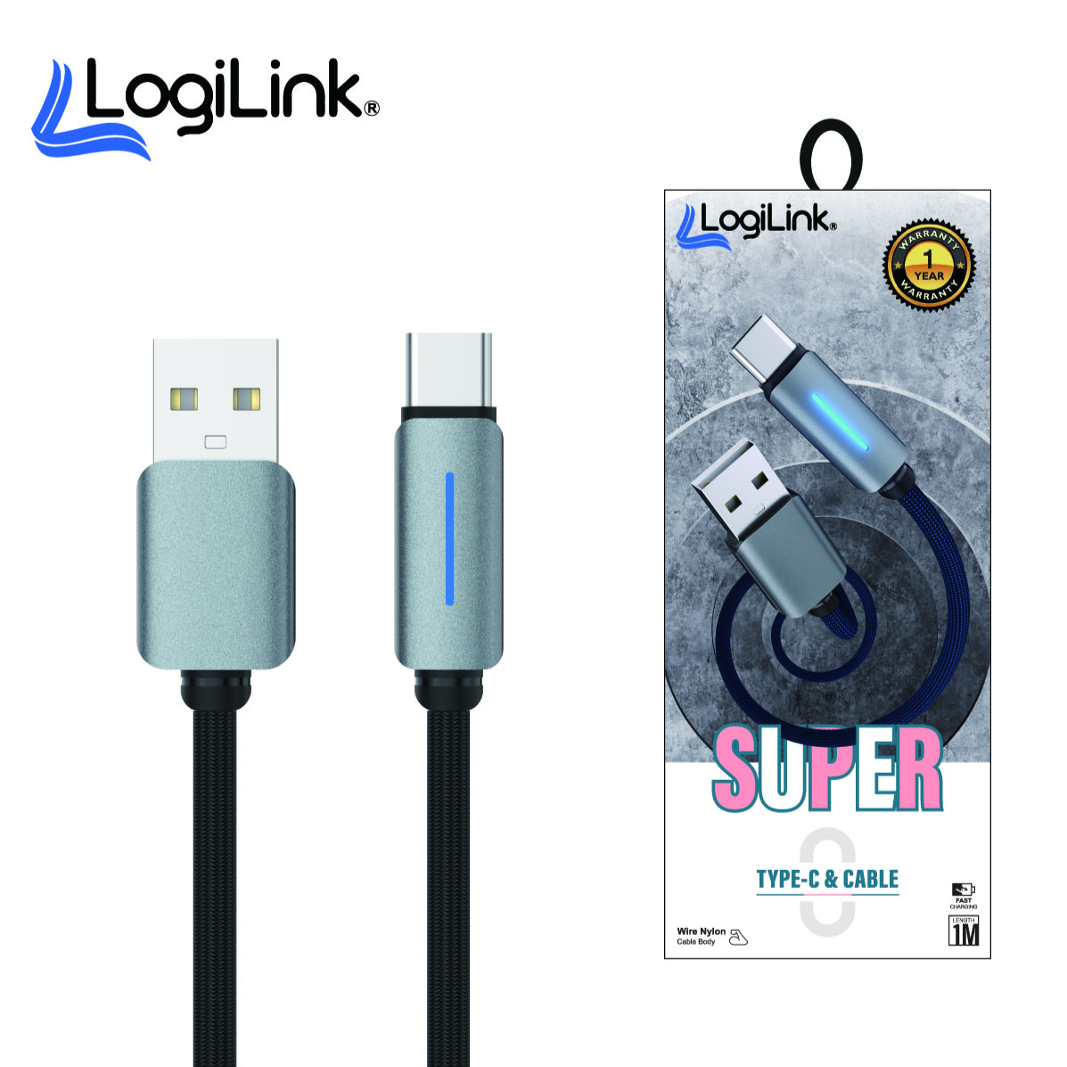 Logilink Usb To Type C Nylon Fast Charging Data Cable 1m Black
