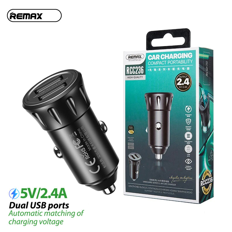 Remax Car Charger Vanguard Series 2usb 2.4a Black Moq:92 (rcc236)