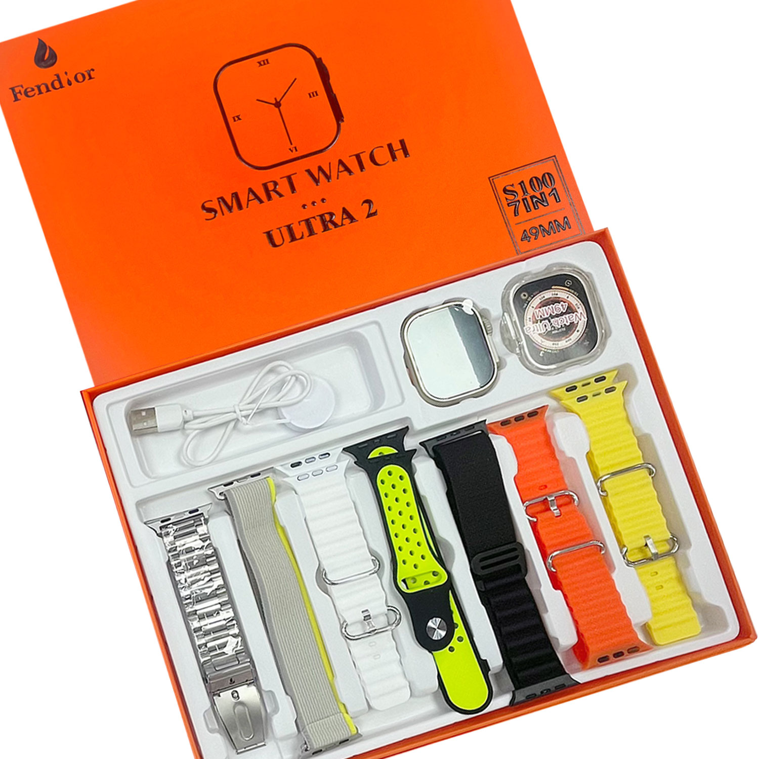 S100 Fendior Smart Watch Ultra 2 With 7 Straps 49mm With Silicon Watch Protector Case Silver
