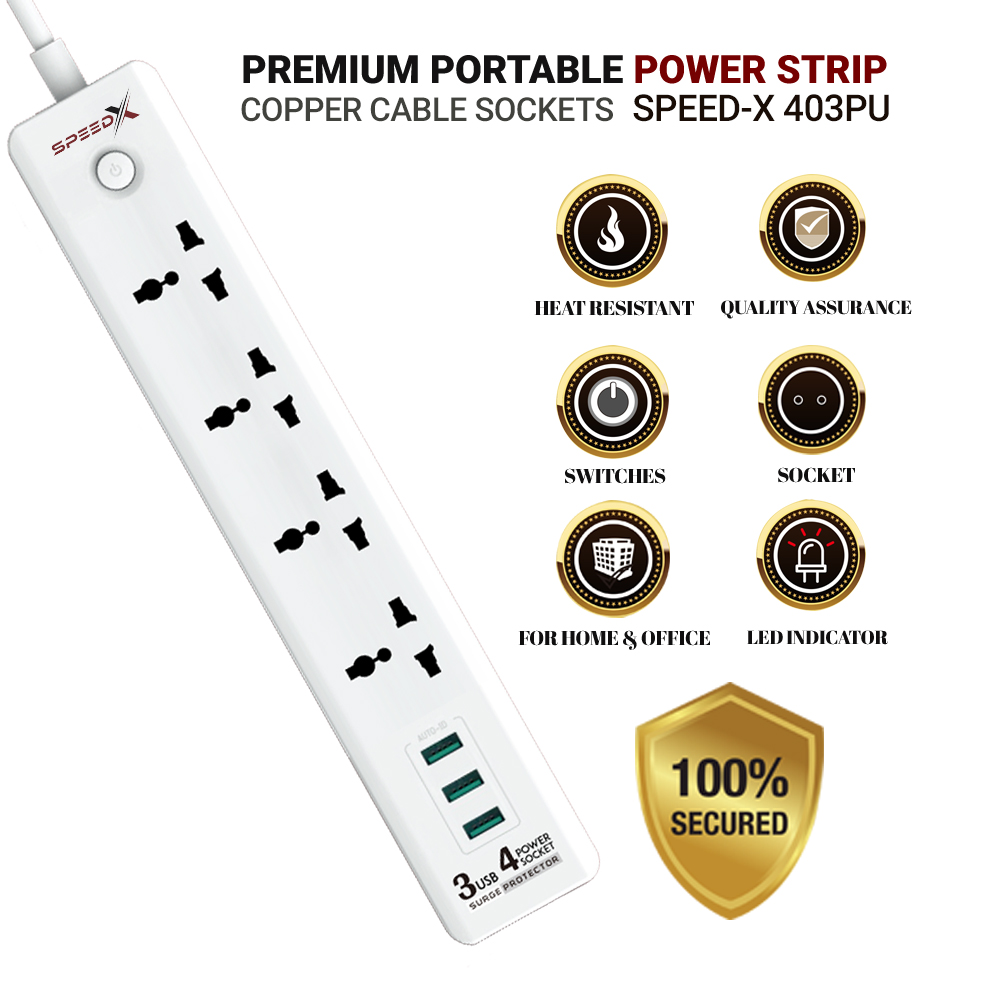 Speed-x403pu Premium Portable Power Strip 4socket+3usb Port